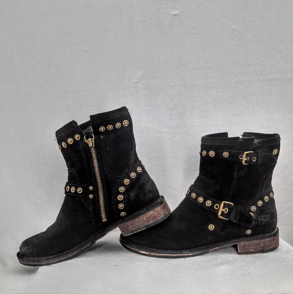 UGG Black Leather Ankle Boots with Gold Studs Woman 7
